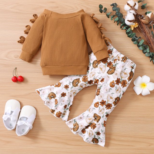 PatPat Baby Girls Outfits Sets, Infant Clothes 2pcs Baby Solid Ribbed Off Shoulder Bowknot Long-sleeve Top and Floral Print Bell Bottom Pants Set