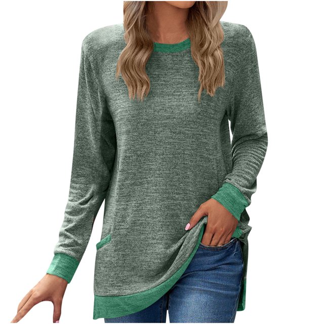 IROINID T-Shirt à Manches Longues en Polyester Réduit pour Femmes Col Rond Quotidien Poche Assortie Chandail T-Shirt Ample Col Rond Haut/chemise, Vert Olive