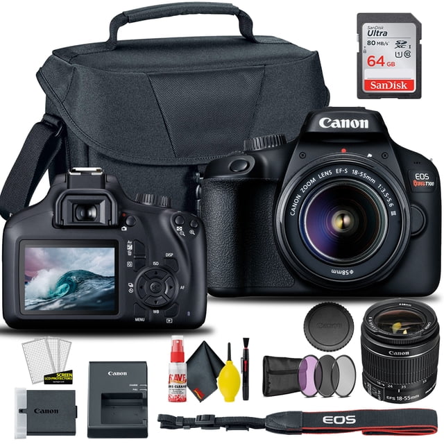 Canon EOS 4000D / Rebel T100 Appareil Photo Reflex Numérique avec Objectif 18-55mm, Affiché avec des Accessoires Incluant un Sac Bandoulière Rembourré, Carte Mémoire SanDisk 64 Go, Trousse de Nettoyage, Ensemble de Filtres, Bloc-Piles, Chargeur et Courroie de Cou. Cet Appareil Photo Reflex Numérique Comprend un Capteur CMOS APS-C 18MP, Enregistrement Vidéo Full HD, Viseur Optique et Wi-Fi Intégré pour un Partage Fluide.