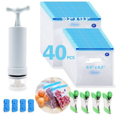 Sacs de Cuisson sous Vide pour Cuiseurs Joule et Anova, Sacs Alimentaires Réutilisables Scellés sous Vide avec Valve à Air / Sacs de Rangement sous Vide pour Aliments Compatibles Congélateur avec Pompe Manuelle Améliorée (40 Unités)