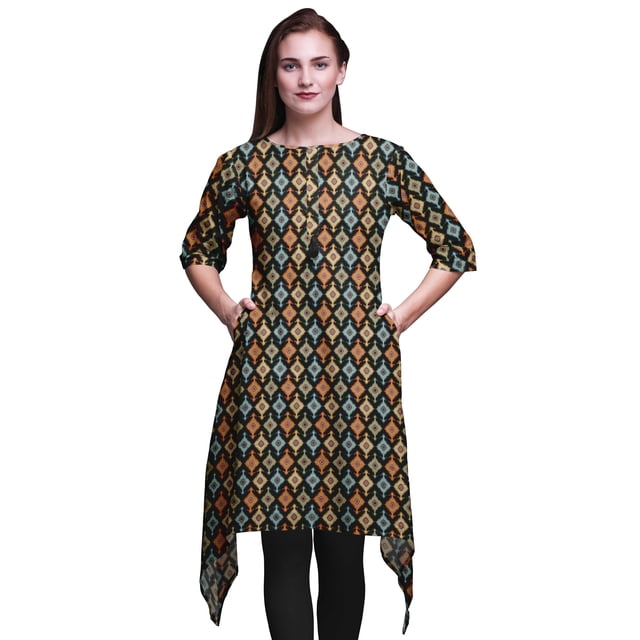Bimba Hauts Imprimés Ikat à Losanges Noirs pour Femmes Kurti Asymétrique Robe d'Été pour Filles Petit