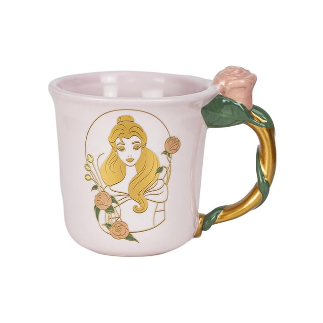 Zak Designs Princess 12.5oz Sculpted Mug in light pink ceramic featuring a gold and peach floral design framing a princess silhouette. The handle is sculpted as a gold and green vine with a peach rose accent, suitable for hot beverages and collectible use.