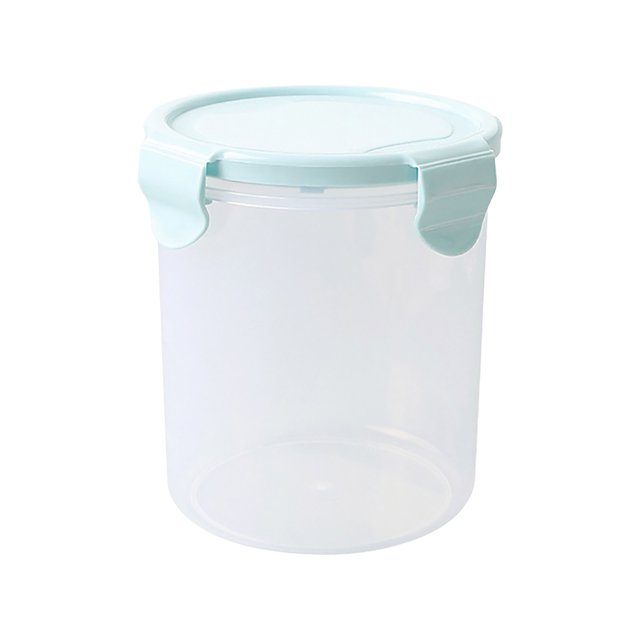 Hinati Clearance Plastic Kitchen Storage Box with a clear cylindrical body and a light blue airtight lid featuring secure side clips. Designed for food preservation and pantry organization, this stackable, dishwasher-safe container is moisture-proof and ideal for storing grains, snacks, pasta, and pet food.