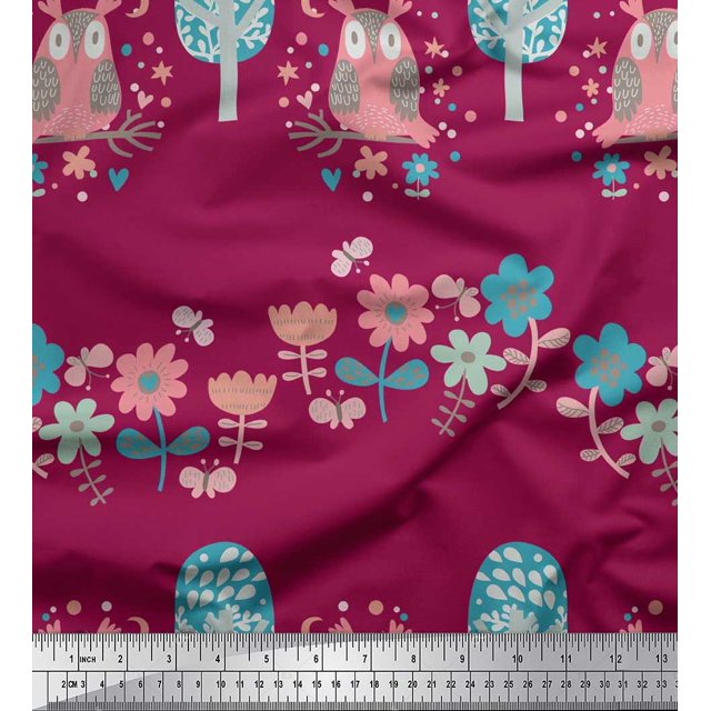 Soimoi Poly Crepe Fabric Floral,Tree & Owl Kids Fabric Prints by Yard 42 Inch Wide