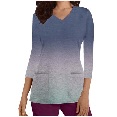 Cameland V-Neck Scrubs Tops for Women Soft Stretch Wrinkle-Resist Medical Nursing Uniform with 2 Pockets Comfortable Lightweight Working Uniform 3/4 Sleeve Gradient Blouse