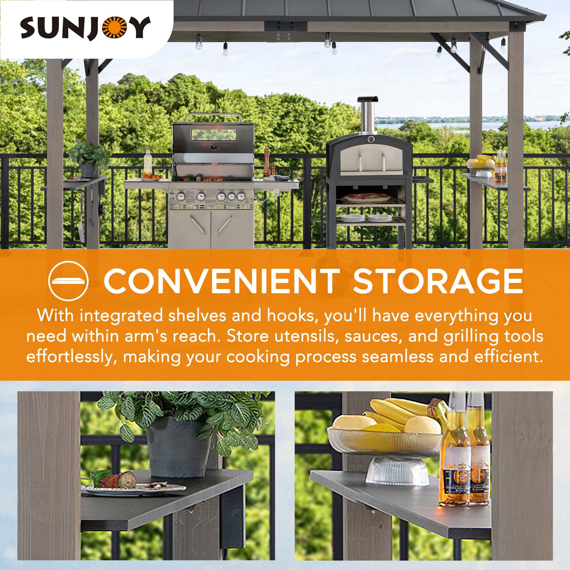 Sunjoy Tonnelle Gazebo en Bois avec Barbecue Intégré, 2.4 x 3.7 m, toit Rigide en Acier, pour des Grillades toute L'année