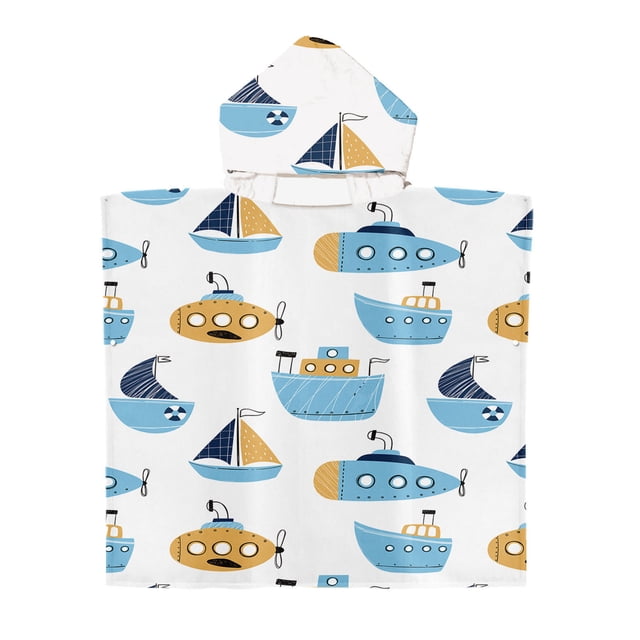Japceit Serviette de Plage à Capuchon pour Enfants Présentant un design Léger et Portable avec un Thème Nautique de Bateaux Bleus et Jaunes, sous-Marins et Voiliers sur Fond Blanc. Fabriquée en Microfibre, Cette Serviette 60x60 cm Est Ultra Légère, Résistante au Sable et à Séchage Rapide, Idéale pour la Plage, la Piscine Ou les Voyages.