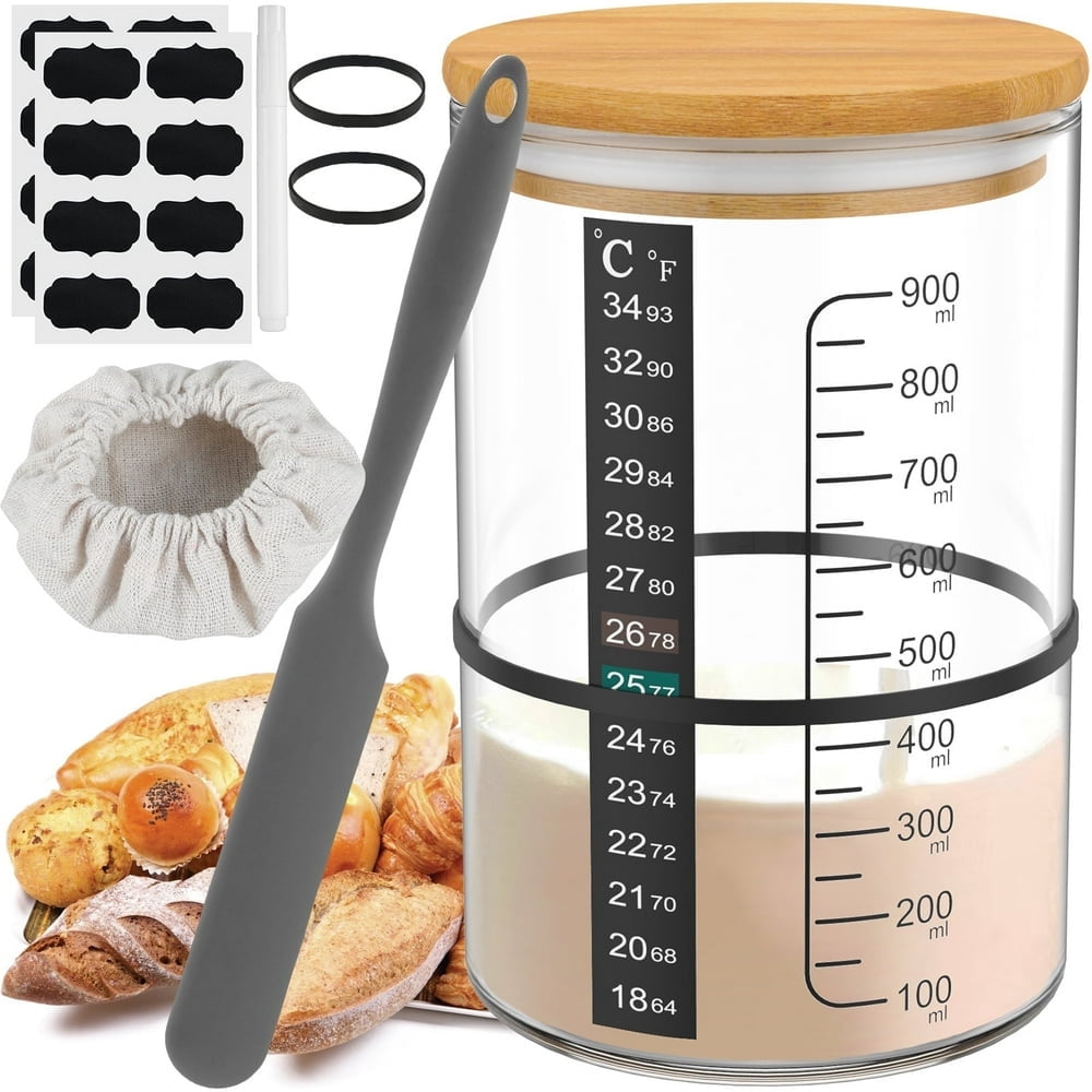 SNNROO 10Pcs Sourdough Starter Jar Kit 900ml Heat Resistant Sourdough Starter Container with Wooden Lid Spatula Reusable Wide Mouth Glass Sourdough Fermentation Jar for Sourdough Baking