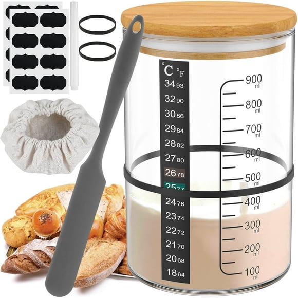 POINTERTECK 10Pcs Sourdough Starter Jar Kit 900ml Heat Resistant Sourdough Starter Container with Wooden Lid Spatula Reusable Wide Mouth Glass Sourdough Fermentation Jar for Sourdough Bak