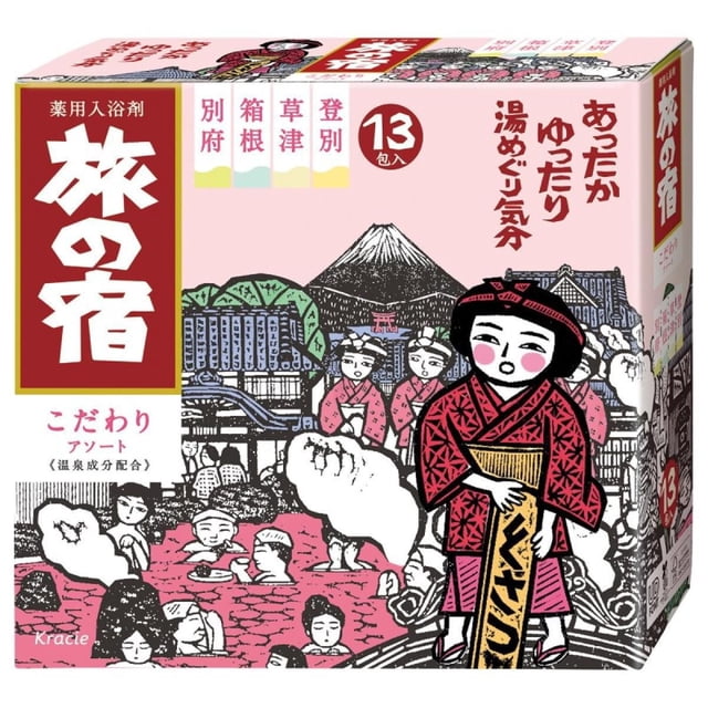 Tabino Yado Bath Salt Series Pack Clear showing traditional Japanese onsen illustration with Mount Fuji, people relaxing in hot spring baths, and a figure in a red kimono holding a wooden sign, includes 13 packets with onsen minerals and calming fragrance for soothing bath experience.