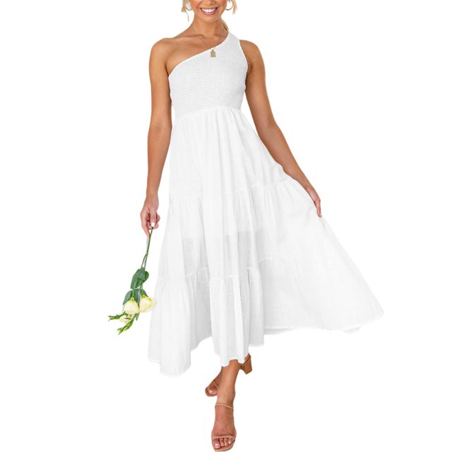 Femmes Robe Longue Swing Plissé Midi Parti Danse Plage Vacances Bureau Adolescence Mode Été Vêtements Blanc S