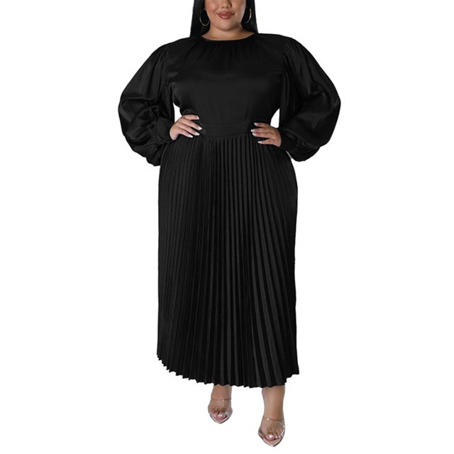 LUXUR Femmes Maxi Robe de Cou Robes de Couleur Unie Décontracté en Vrac Manches Longues Noir 4XL