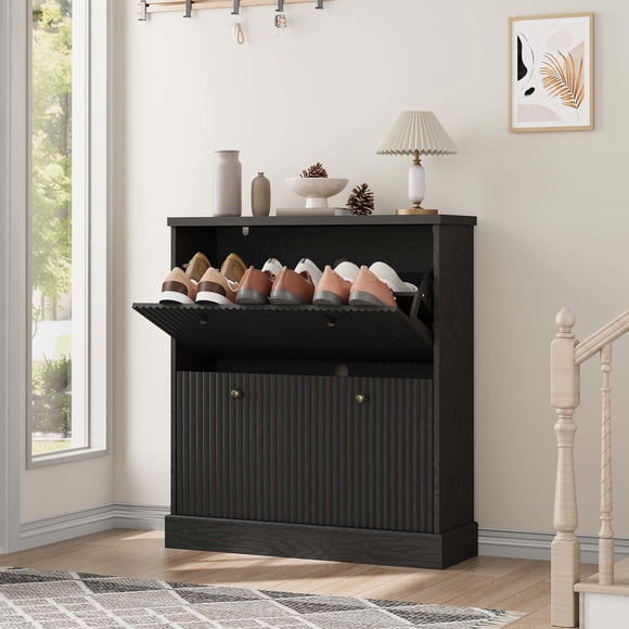 GloryStar Wooden Fluted Shoe Cabinet, Slim Hidden Shoe Storage with 2 Flip Drawers and Adjustable Shelf for Entryway Use