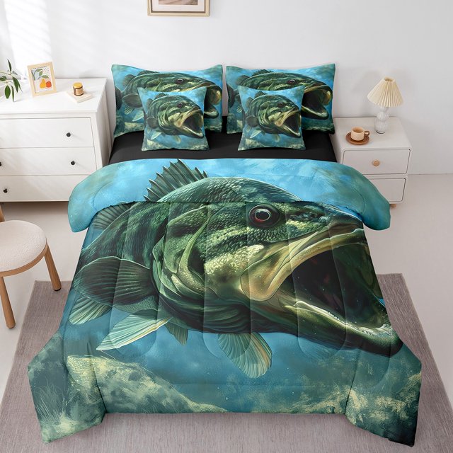 YST Big Pike Fish Comforter Set, Rustic Farmhouse, 7-Piece, Hunting and Fishing Theme, King