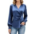 thumbnail image 1 of Women's V Neck Satin Blouse - Long Sleeve Pleated Ruffle Business Casual Dressy Work Tops, 1 of 7