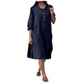 thumbnail image 1 of Ltctricy Robe Chemise pour Femme Grande Taille à Manches Longues, Col Ras du Cou, Demi-Boutonnage, Robe en Coton et Lin, Tunique, Robes Midi avec Poches (Marine, 3X-Grand), 1 of 7