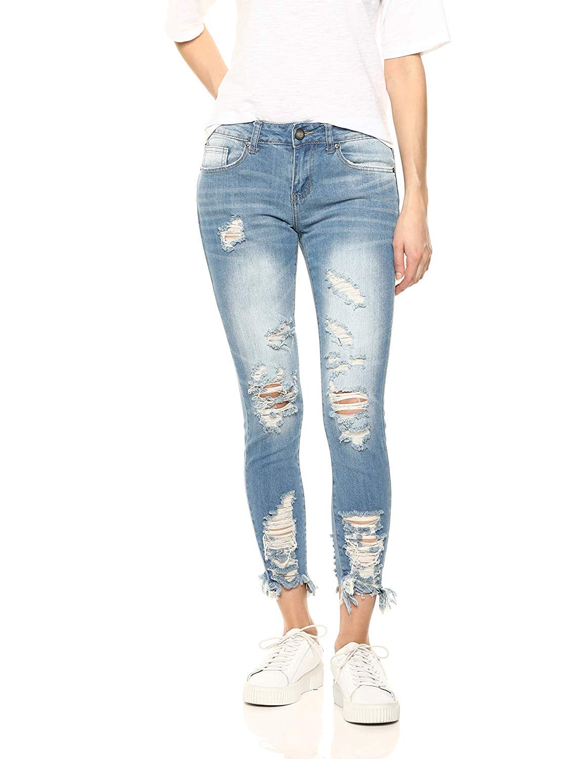COVERGIRL Women's Plus Size Distressed Repaired Skinny Jeans, Light Wash, Plus Size 14, Faded Blue