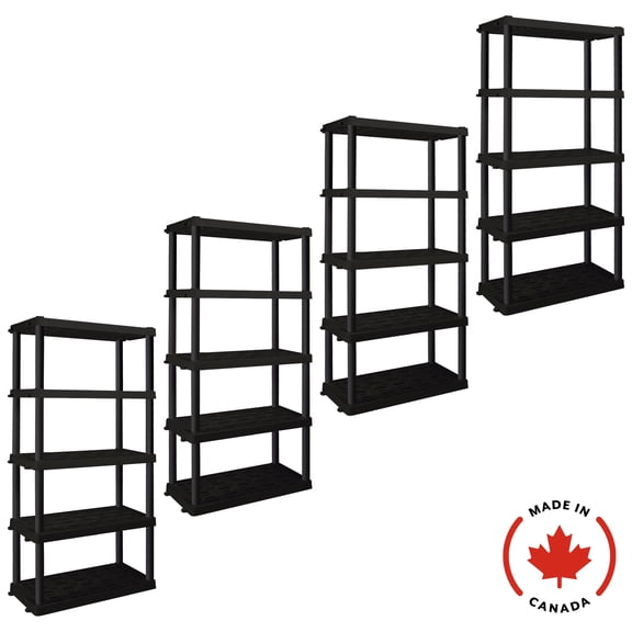 Hyper Tough Plastic Shelf Garage Shelving Unit 5-Tier 73.80"H x 17.75"D x 36"W Pack of 4 Black-750 lbs Total Capacity