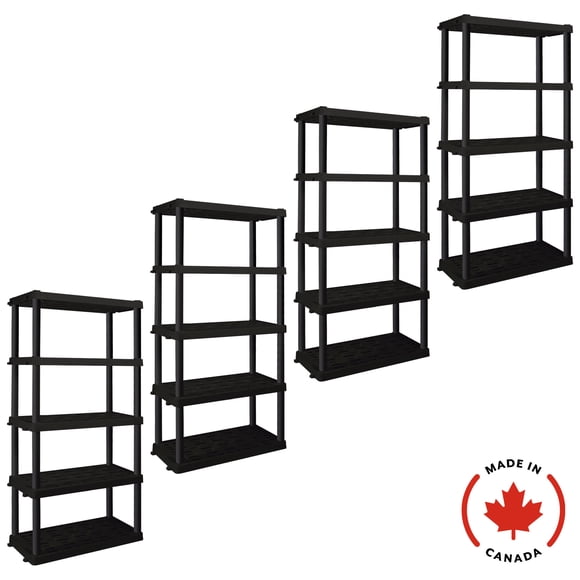 Hyper Tough Plastic Shelf Garage Shelving Unit 5-Tier 73.80"H x 17.75"D x 36"W Pack of 4 Black-750 lbs Total Capacity
