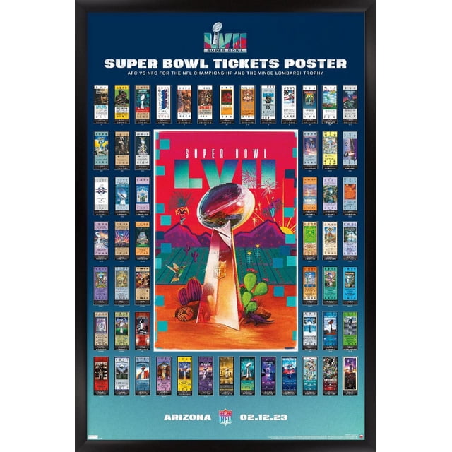 NFL League - Super Bowl LVII Ticket Collage Wall Affiche, 22.375 Pouces x 34 Pouces Mettant en Vedette un Collage Encadré de Billets Super Bowl Autour d'Une image de Trophée central Vince Lombardi avec un Arrière-Plan de Désert Coloré et de Feux d'Artifice, Imprimé sur Papier Brillant aux Couleurs Vives, Convient comme art Mural et Déco de Chambre, Montrant la date de l'Événement en Arizona 02.12.23.