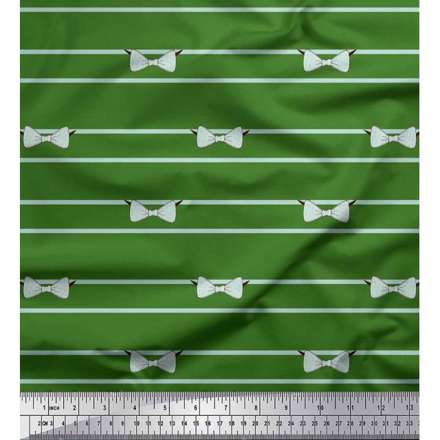 Soimoi Green Rayon Crepe Fabric Bow & Stripe Decor Fabric Printed Yard 46 Inch Wide