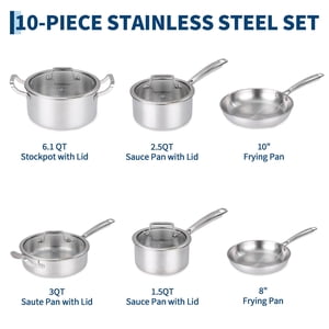 Kojooin 10-Piece Ensemble de cuisine en acier inoxydable Tri-Ply avec lids, pots et casseroles compatibles à induction pour la cuisson quotidienne