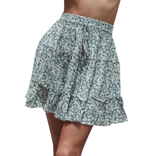 Short pour Femmes Décontracté Été Femmes Été Décontracté Bohème Taille Haute à Volants Imprimé Floral Plage Jupe Courte Jupe pour Femmes Décontracté Été