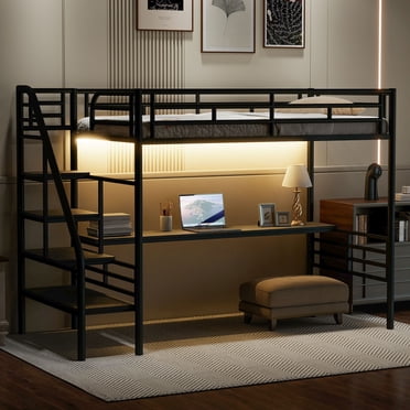 MODERNLUXE Twin Size Loft Bed with Desk and LED Light,Metal Loft Bed Frame with Storage Stairs,Space Saving, Black