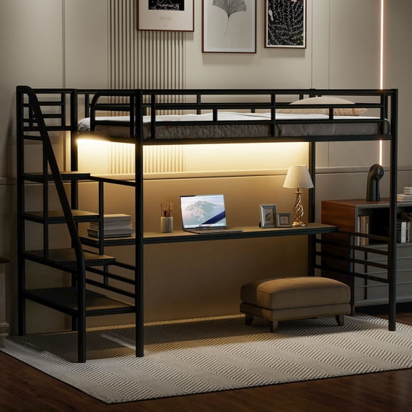 MODERNLUXE Twin Size Loft Bed with Desk and LED Light,Metal Loft Bed Frame with Storage Stairs,Space Saving, Black