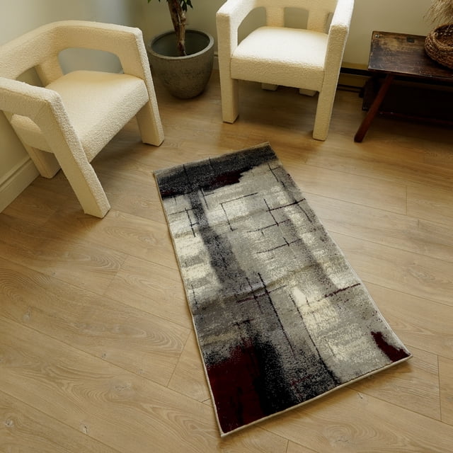 Rug Branch Kyma 2' x 5' (2'3" x 5') Grey/Red Abstract Indoor Doormat Rug, Contemporary, Medium Pile, Stain-Resistant Entry Carpet - Front Door, Mudroom, Hallway and Kitchen