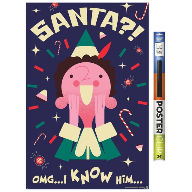 Elf - Affiche Murale « I Know Him », 14,725 Po x 22,375 Po Encadrée, Représentant un Elf de Dessin Animé avec un Visage Rose, des Cheveux Bruns Bouclés et une Tenue Verte et Crème avec un Chapeau Vert et une Plume Rouge, sur un Fond Bleu Foncé avec des Cannes de Bonbon, des Étoiles et des Confettis, Présentant le Texte « Santa?! OMG... I Know Him... » en Lettrage Crème, Idéal pour la Décoration Murale de Chambre, Bureau Ou Dortoir.