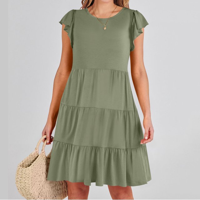 Fshaion Robe d'Été pour Femmes 2024 Grande Taille Couleur Unie Robe à Manches Courtes Liquidation à Moins de 10!