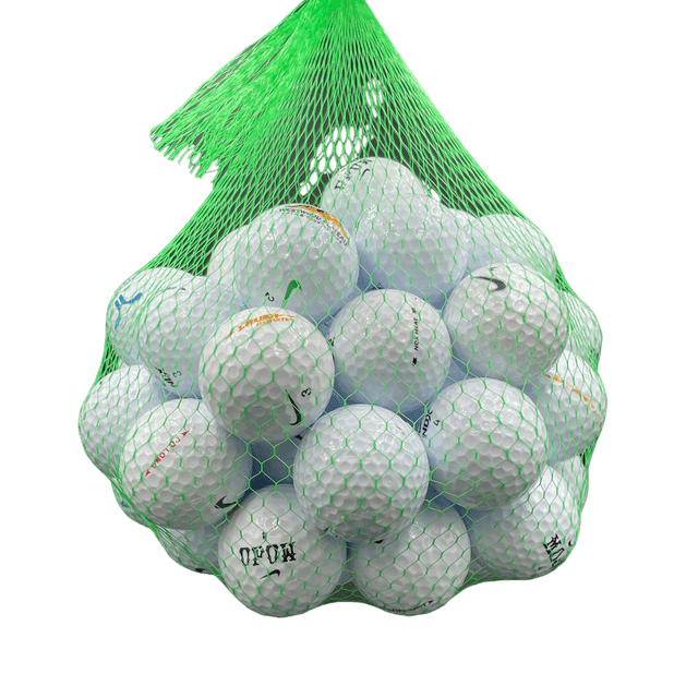 Golf Ball Planet - 50 Pack Nike Recycled Golf Balls (5A/Mint) in a green mesh bag. These used golf balls are in mint condition, showing minimal wear and retaining their original color and sheen. Includes various Nike models like Mojo, Juice, and Velocity, with player markings, team logos, and corporate branding.
