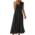 thumbnail image 1 of Amzcrzy Robes pour Femmes Couleur Unie Sans Manches Robes de Printemps Col en V à Boutons Robe d'Été Confortable Robe en Coton et Lin Tendance Col Rabattu Robes Maxi, 1 of 5