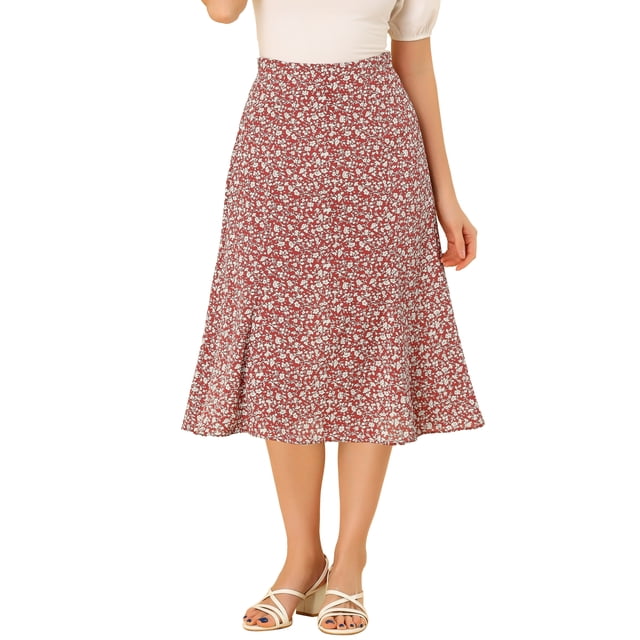 Unique Bargains Jupe Paysanne pour Femme à Taille Élastique, Ligne A, Midi, Imprimé Feuilles, Rouge Blanc, G