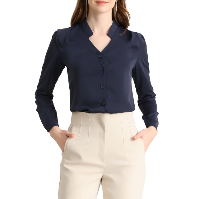 INSPIRE CHIC Chemise Élégante à Manches Longues Col en V pour Femmes P Bleu Marine