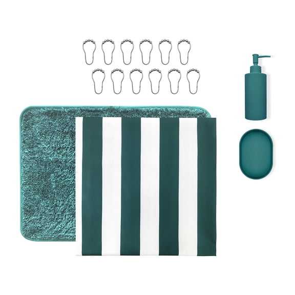 Mainstays 16-Piece Teal Shower Curtain Bathroom Set – Fabric Curtain with Rug, Hooks, Soap Dispenser & Tray