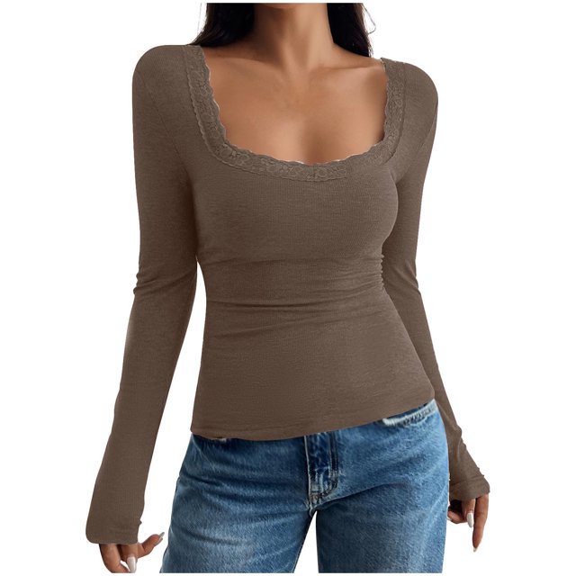 Timegard Going out Tops for Women Ribbed Lace Square Neck Slim Comfy Long Sleeve Shirts Tops Trendy