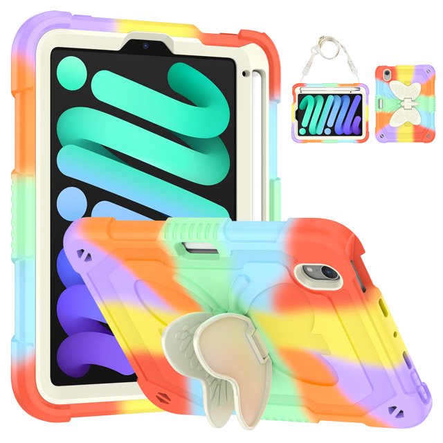 Case for iPad Mini 7 A17 Pro 2024/Mini 6 2021 8.3 Inch 7th/6th Gen with Butterfly Stand, Shockproof Protective Tablet Cover with Pencil Holder Shoulder Strap for Kids Girls, Colourful Red