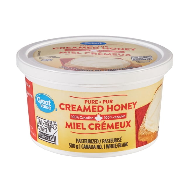 Great Value Miel Crémeux Pur Contenant de 500 g avec Couvercle Blanc, Étiqueté en Anglais et en Français comme 100 % Canadien, Miel Crémeux Pasteurisé, Certifié « True Source », Mettant en Valeur la Tartinade de Miel Crémeux sur le Pain, Convient à la Cuisine, à la Pâtisserie et aux Vinaigrettes.