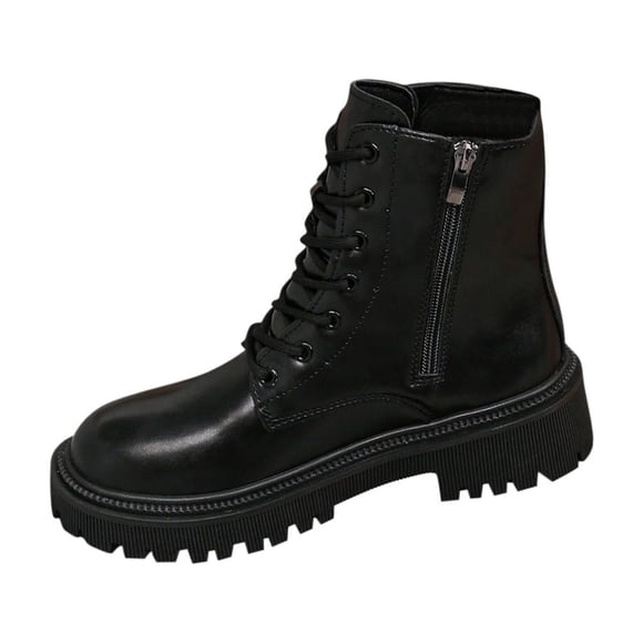 Black Ankle Boots for Women Round Toe Lace-Up Low Heel Ankle Boots