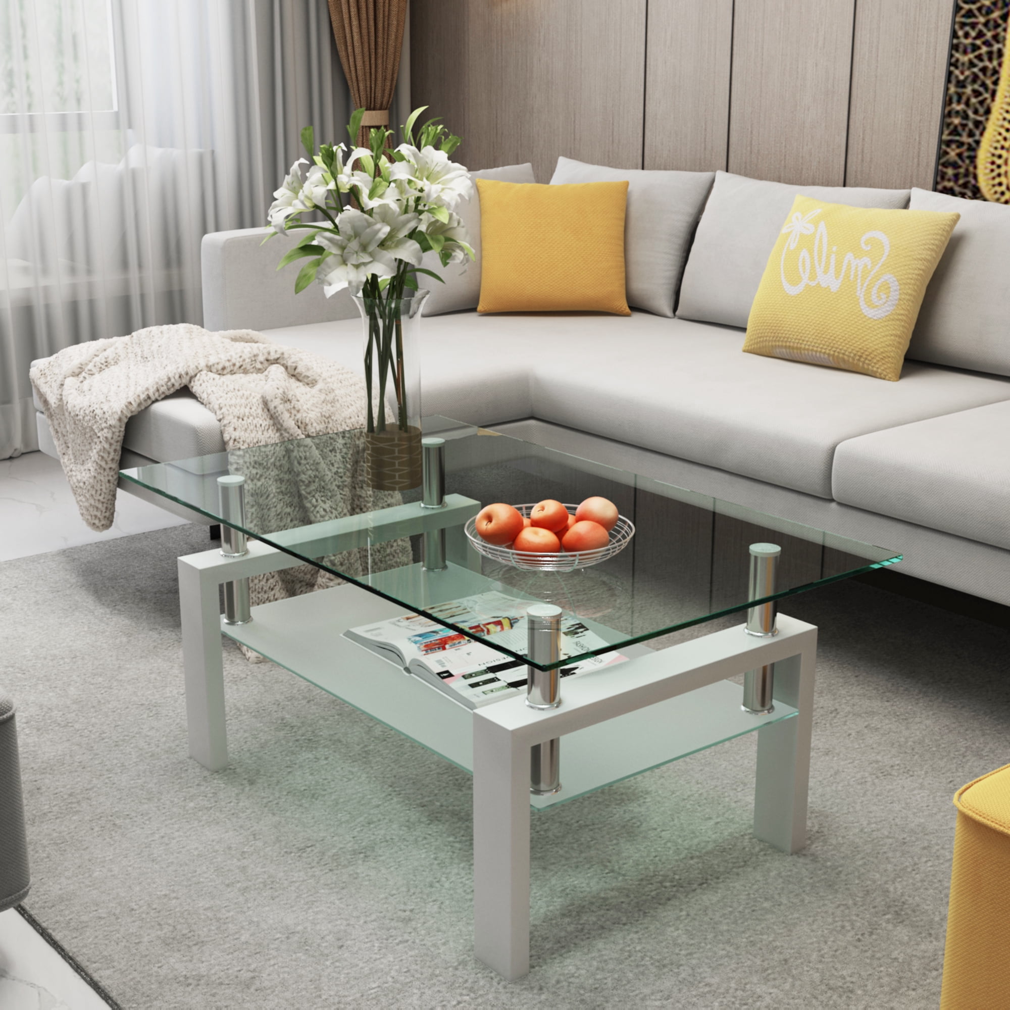 Tansole Table Basse Moderne Blanche, Dessus en Verre Transparent, Forme Rectangulaire, Mobilier de Salon