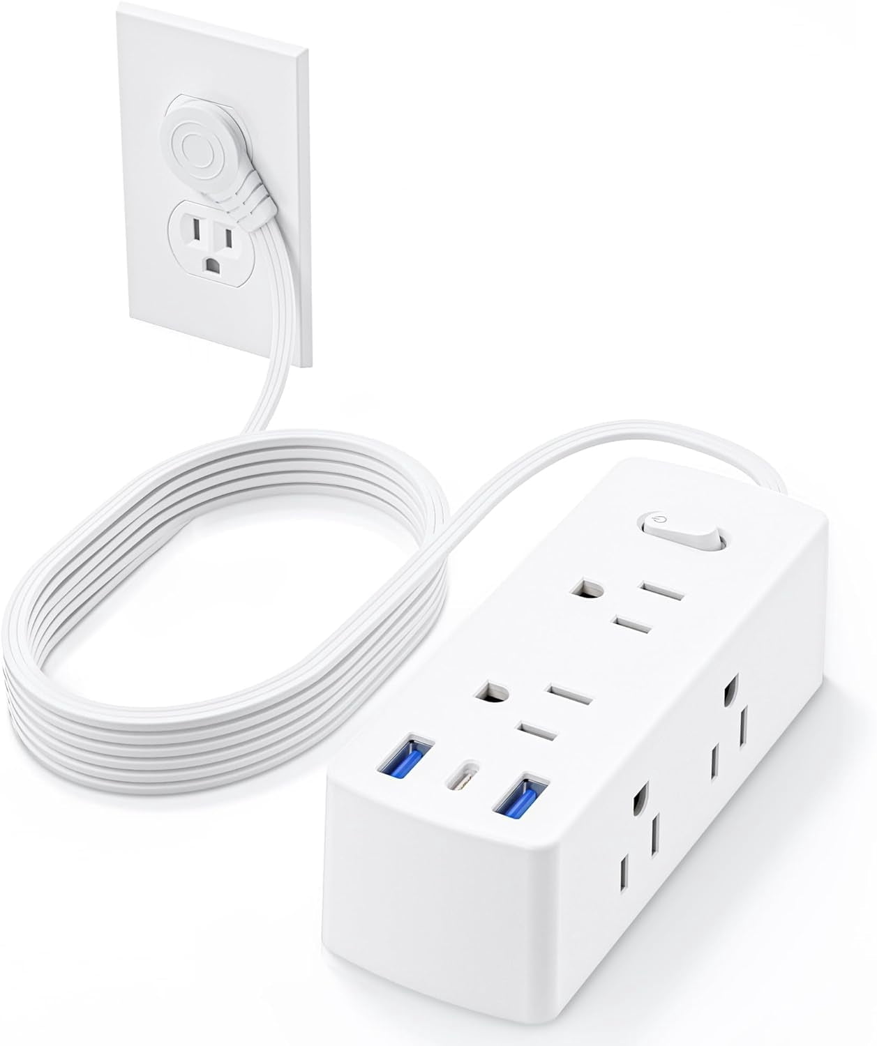 10-Foot Flat Extension Cord with 6 Outlets and 3 USB Ports (including 1 USB-C), 3-Sided Outlet Extender Surge Protector, White
