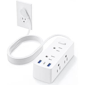 10-Foot Flat Extension Cord with 6 Outlets and 3 USB Ports (including 1 USB-C), 3-Sided Outlet Extender Surge Protector, White