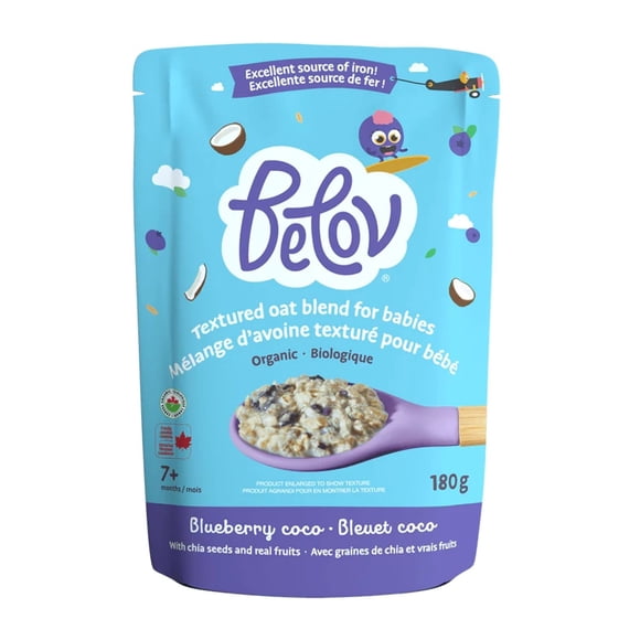 Céréales d’Avoine Biologiques Belov pour Bébés, Avoine Régulière, Céréales d’Avoine Texturées Bleuet Coco, pour Bébés 7 Mois+, 180 G
