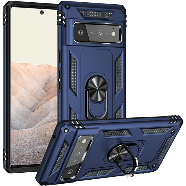 Google Pixel 6 Pro (6,71 Pouces) 2021 Étui à Anneau Rotatif avec Béquille au design Hybride Robuste, Doté d'Un Pare-Chocs à Double Couche avec des Matériaux TPU et polycarbonate pour la protection contre les Chutes et les Rayures. l'Étui Comprend un Support à Anneau Rotatif à 360 Degrés Qui Fait Aussi Office de Béquille pour une Vision Mains Libres et Est compatible avec les Supports Magnétiques pour Voiture (Non Inclus). Présenté en Bleu Foncé avec des accents Texturés, Conçu pour une Utilisation Robuste.
