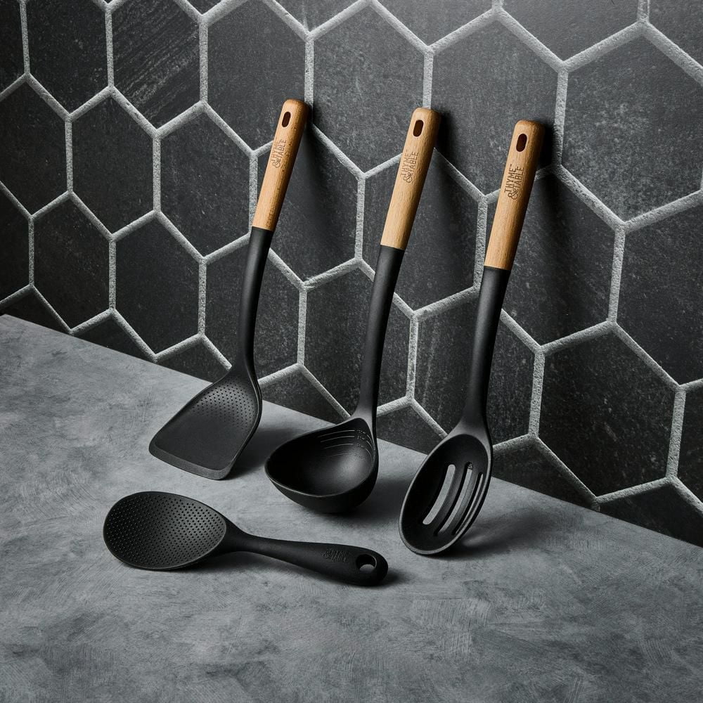 Thyme & Table Food-Safe Silicone Turner with Beechwood Handle, Black
