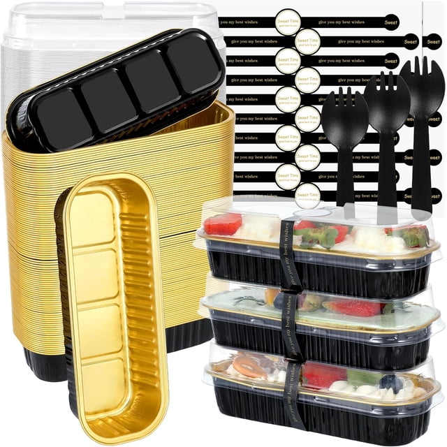 Mini Loaf Pans with Lids and Spoons, 100 Pack, Black, 6.8oz, Rectangular Aluminum Foil Baking Pans