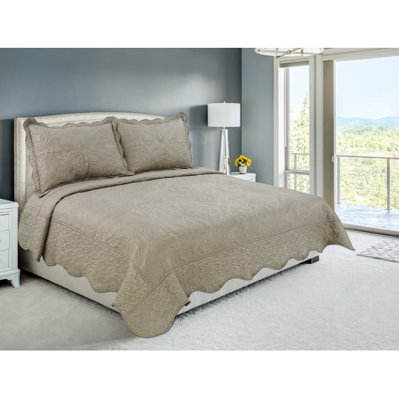 Marina Decoration Embroidered Stitching Coverlet Bedspread Ultra Soft Solid Bedding Summer Quilt Set with Quilted Sham, Taupe Floral Paisley Pattern