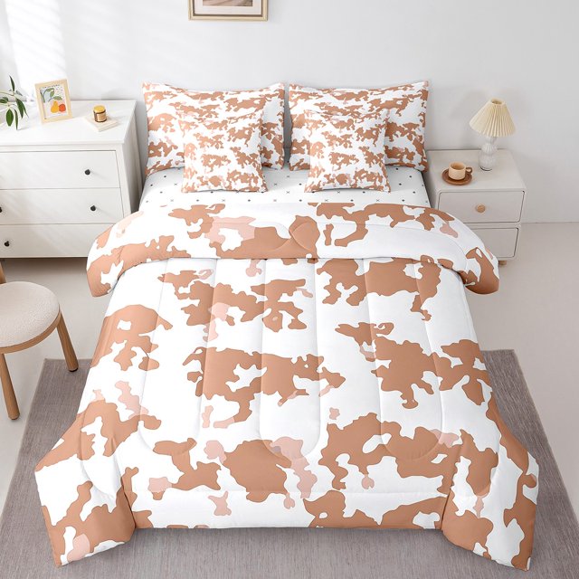 Ochre Yellow Cowhide Twin Comforter Set,7 Pieces Soft Microfiber Bull Cattle Cow Print Comforters with Fitted Sheet,Flat Sheets,and Pillowcases- Farmhouse Western Farm Animals Skin Bedding Sets